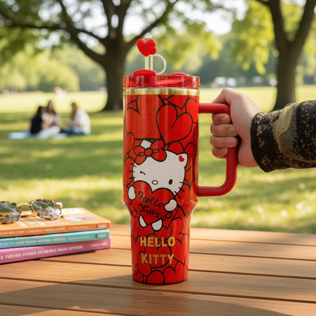 Hello Kitty Cartoon Print 40oz Tumbler With Handle And Lid