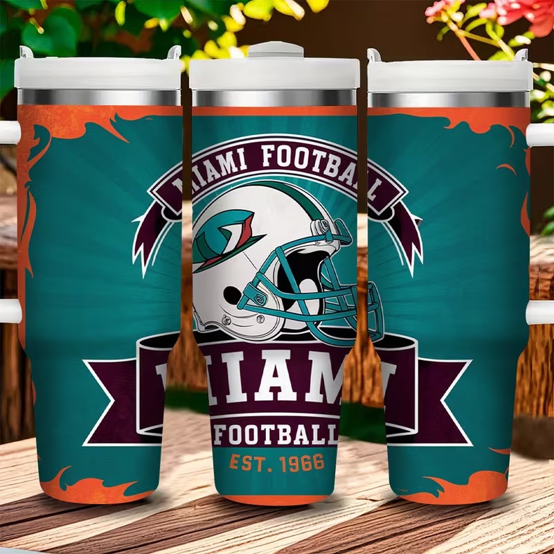 Miami Dolphins Football Team Themed Tumbler With Straw And Travel Lid