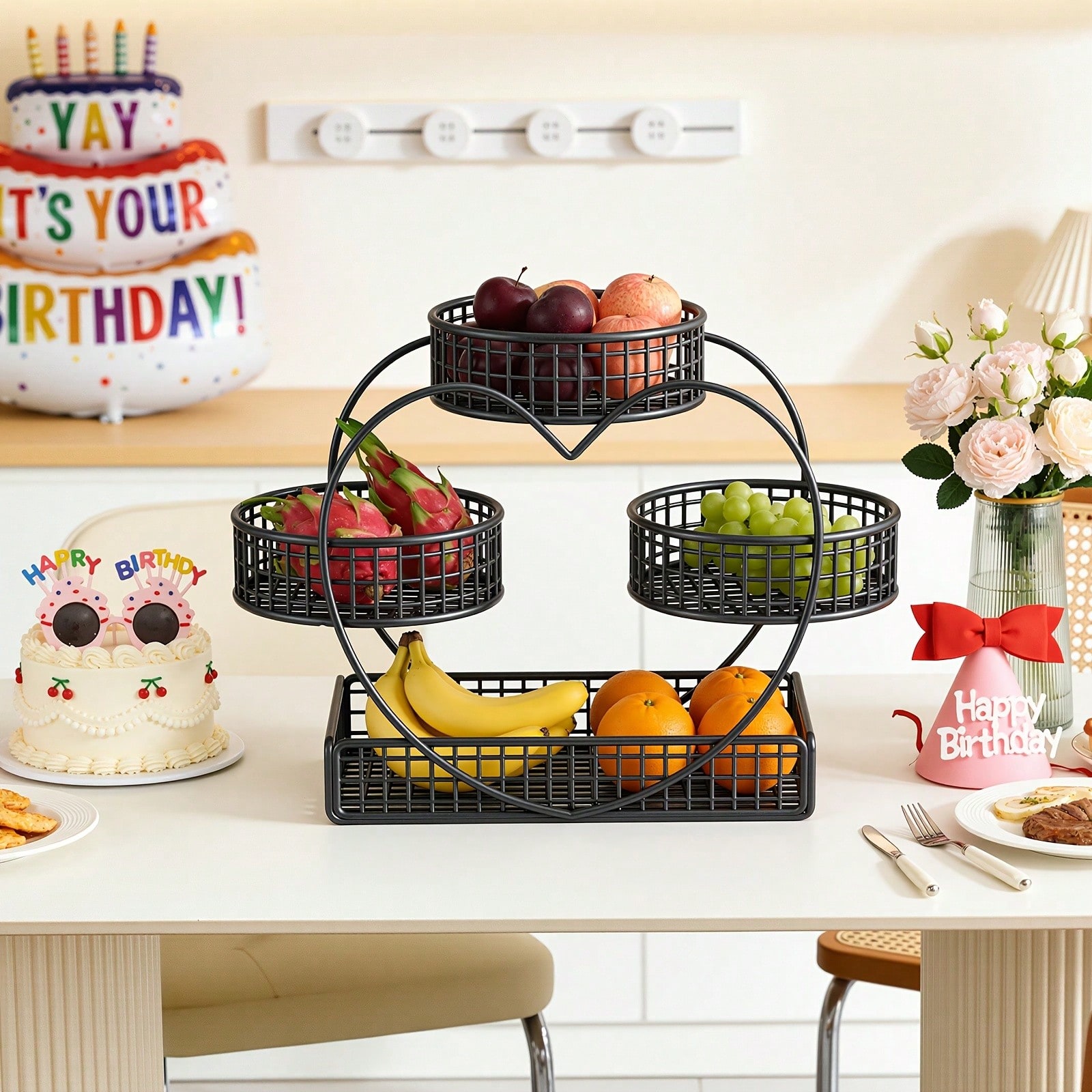 1PC 3-Tier Black Heart-Shaped Fruit Basket Bowl, Countertop Storage & Display Rack