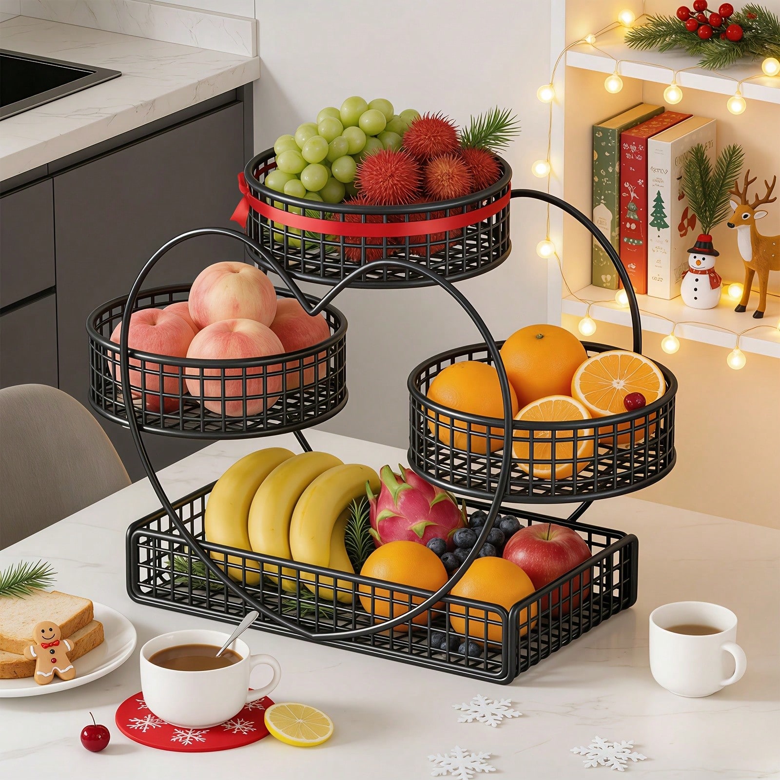 1PC 3-Tier Black Heart-Shaped Fruit Basket Bowl, Countertop Storage & Display Rack