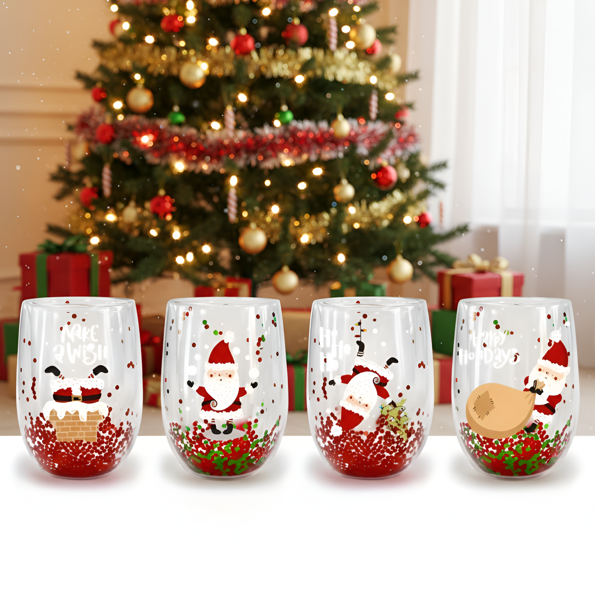 Set Of 4 Christmas Double Walled Insulated Glass Cup With Santa Design