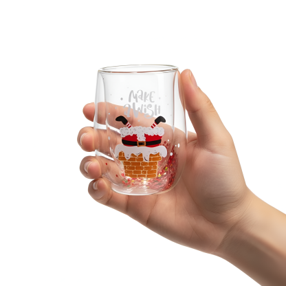 Set Of 4 Christmas Double Walled Insulated Glass Cup With Santa Design