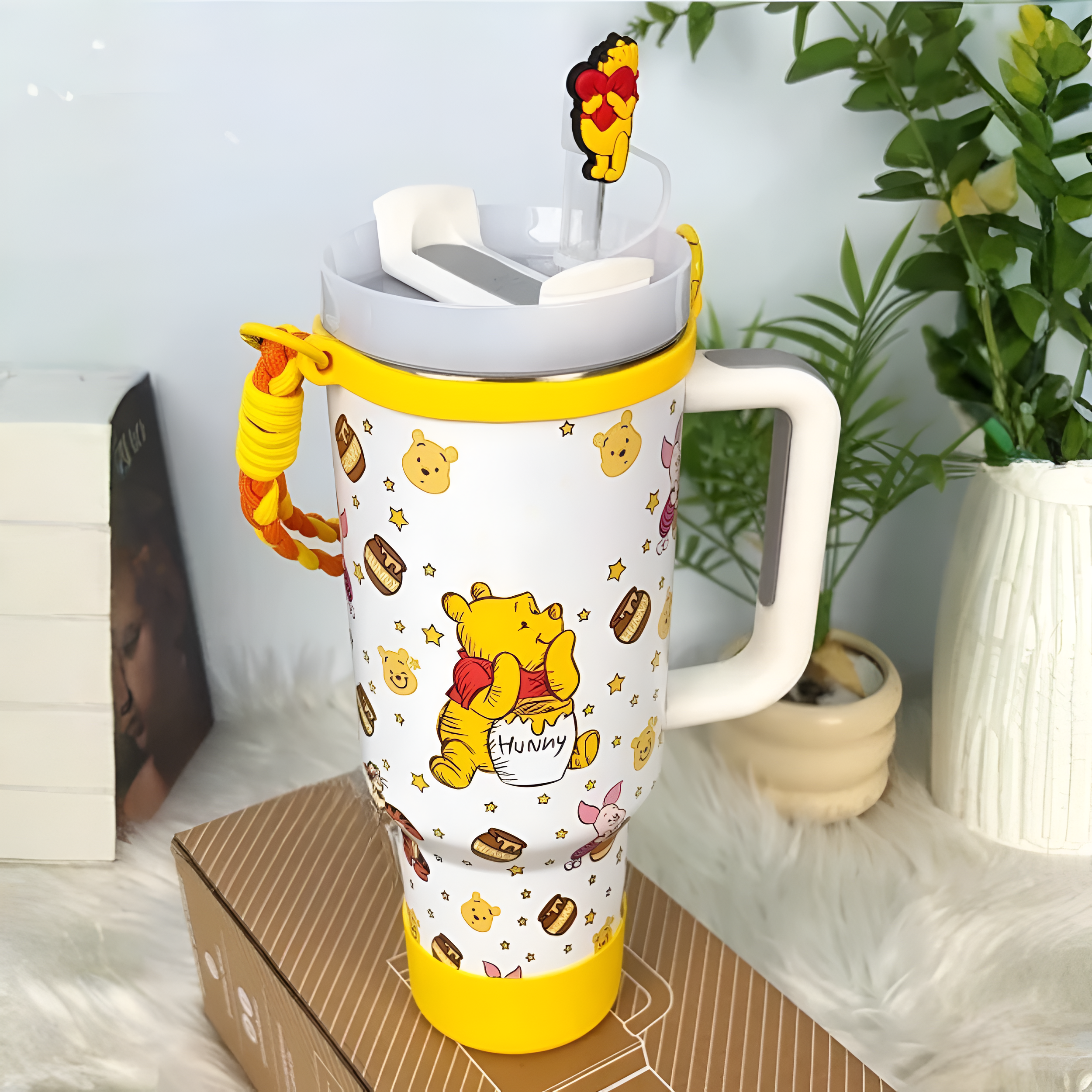 Winnie The Pooh Cartoon Print 40oz Tumbler With Handle And Straw Lid