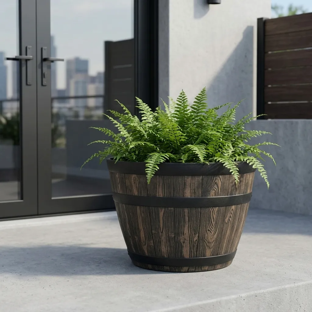 20" Whiskey Barrel Planter, Brown, 100% Resin, Lightweight UV‑Resistant Outdoor Pot, 19.9" X 19.9" X 13"