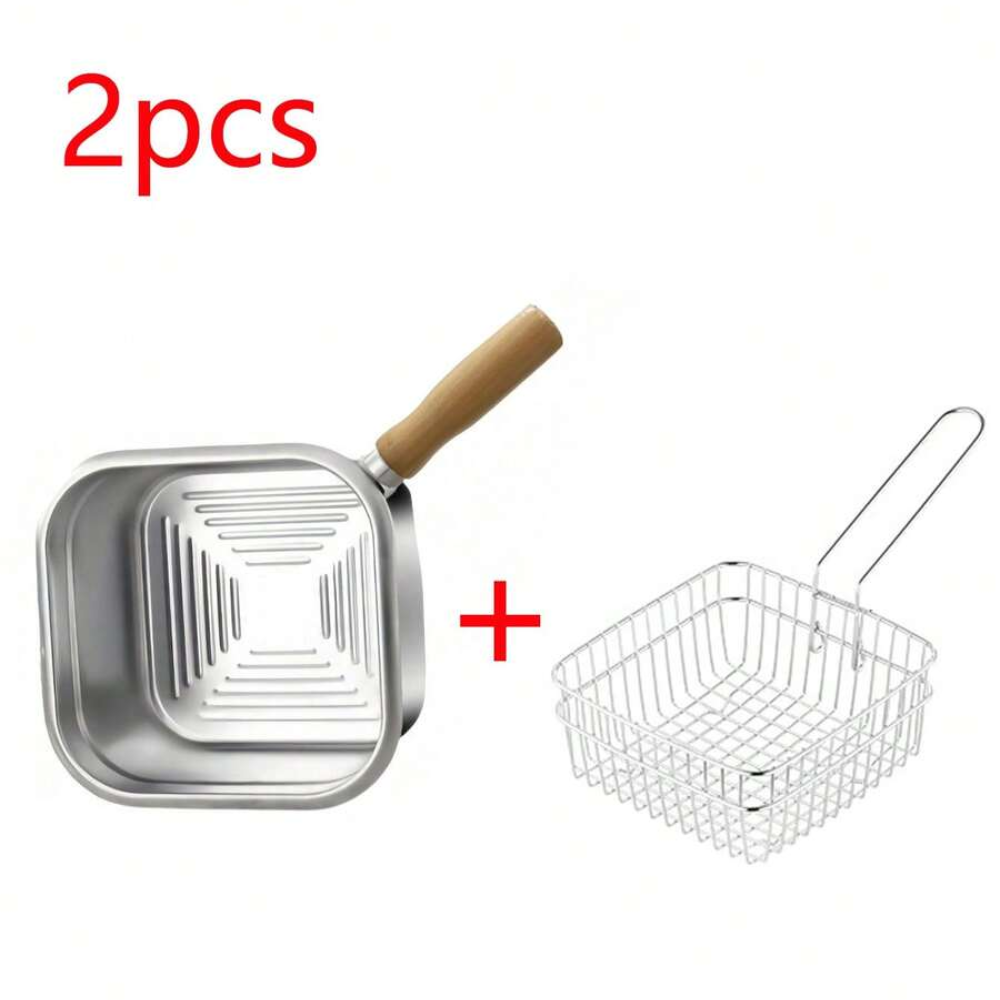 Stainless Steel Square Frying Pan, Household Milk Pot Noodle Pot, Outdoor Portable Tempura Fryer, Compatible With Common Stoves, For Cooking, Holding Soup, Serving Food