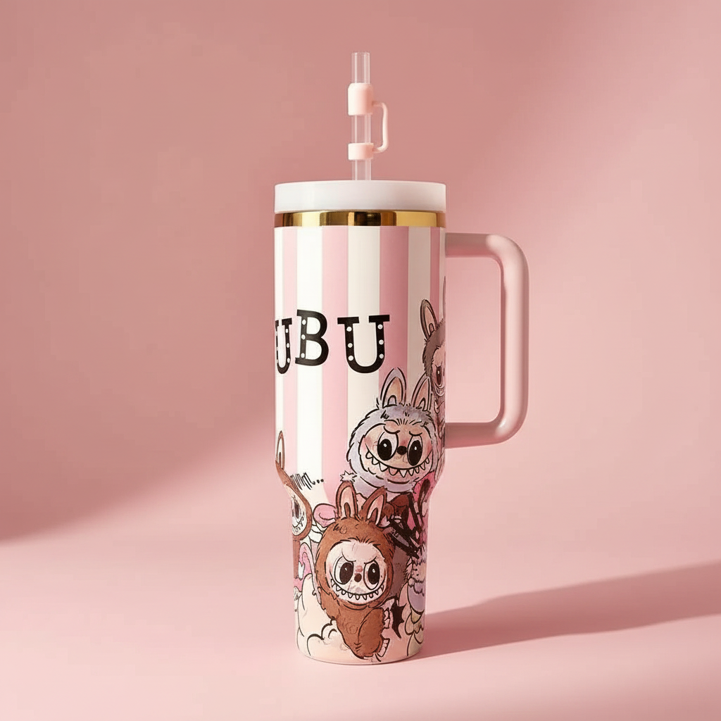 Labubu Cartoon Print 40oz Tumbler With Handle And Straw Lid