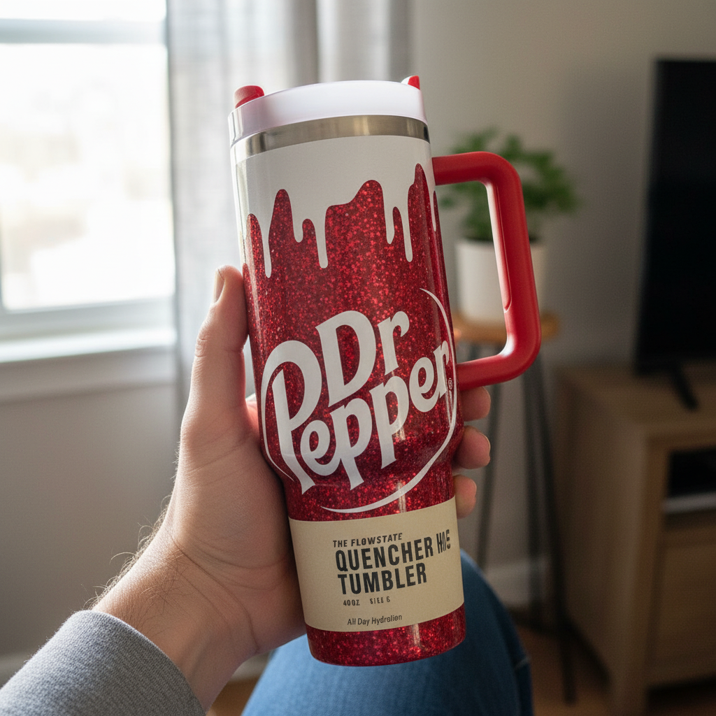Dr Pepper Themed 40oz Tumbler With Handle And Lid