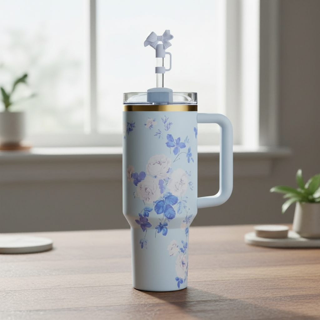 Vintage Floral Print 40oz Tumbler With Handle And Straw Lid