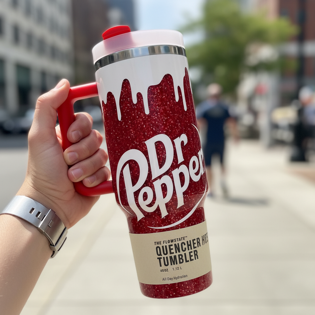 Dr Pepper Themed 40oz Tumbler With Handle And Lid