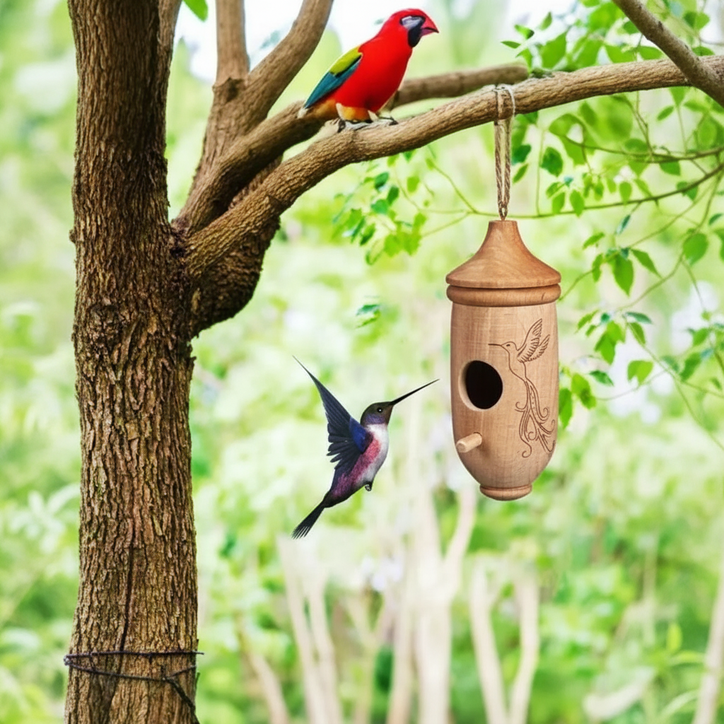 Wooden Outdoor Hanging Hummingbird Birdhouse With Rope For Gardening Gifts