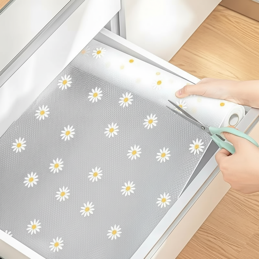 Daisy Pattern Cabinet Liner Roll Waterproof Non Slip Shelf MatDaisy Pattern Cabinet Liner Waterproof Non Slip Shelf Mat Roll  - Image 2