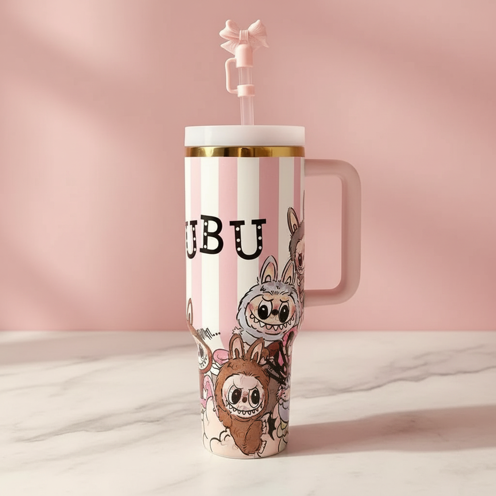 Labubu Cartoon Print 40oz Tumbler With Handle And Straw Lid