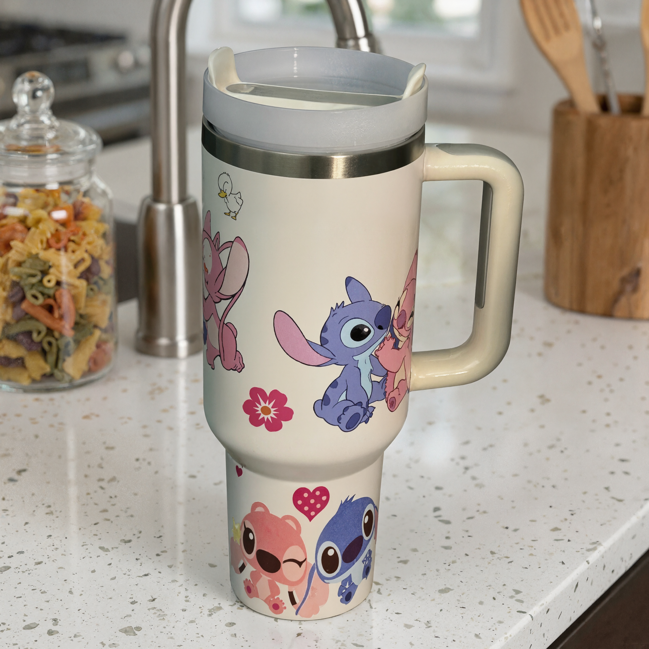 Stitch Cartoon Graphic Print 40oz Tumbler With Handle And Lid