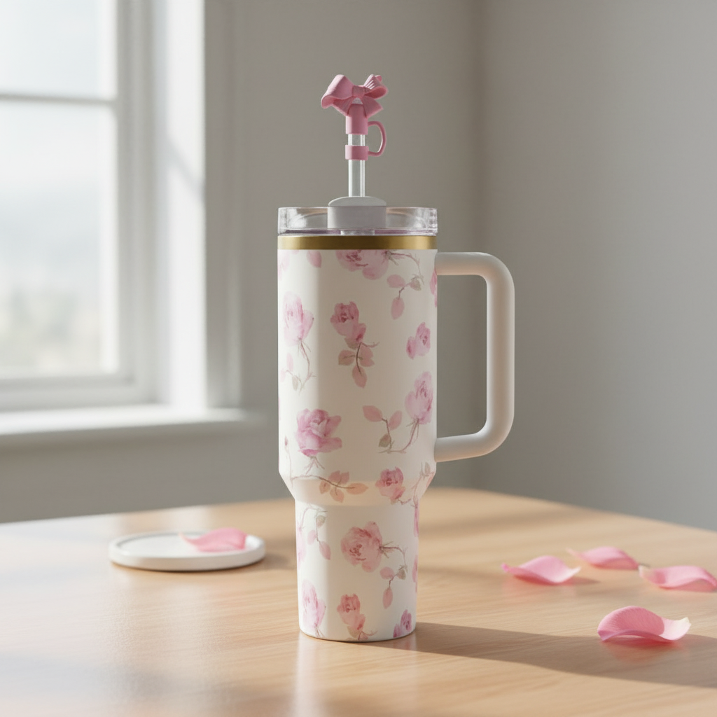 Vintage Floral Print 40oz Tumbler With Handle And Straw Lid