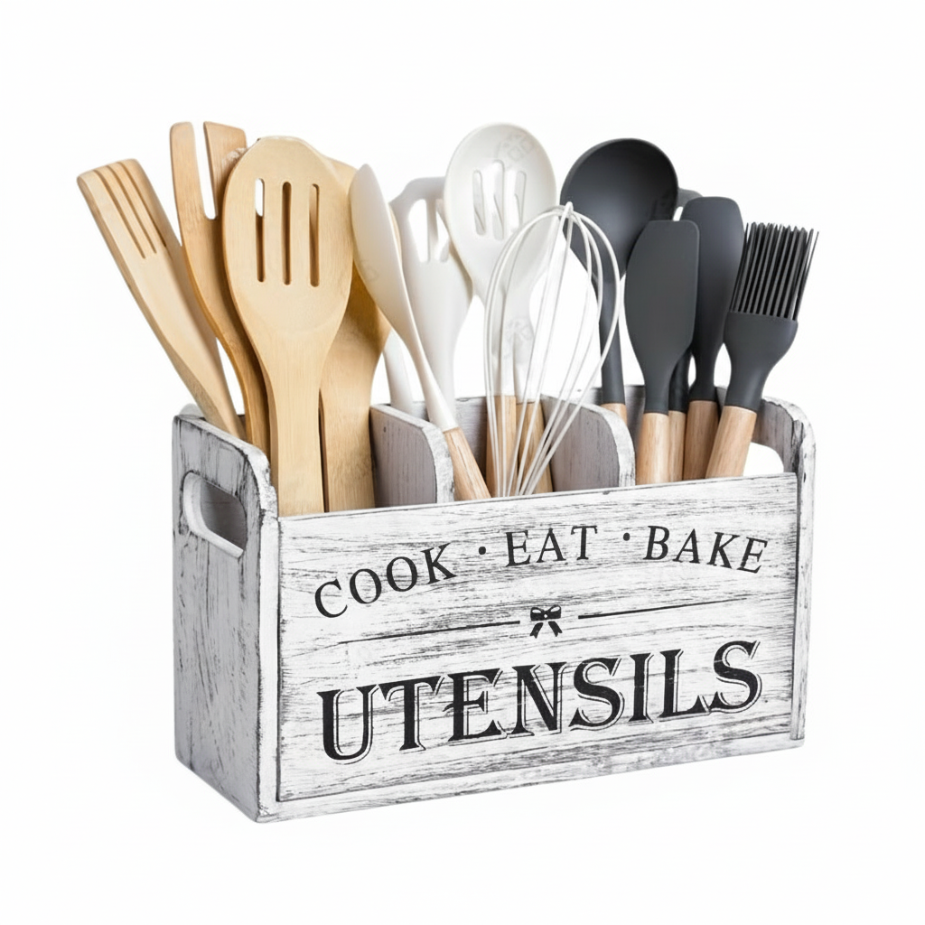 Wooden Kitchen Utensil Organizer Caddy Set