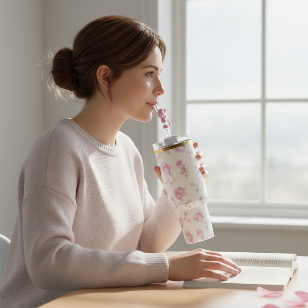 Vintage Floral Print 40oz Tumbler With Handle And Straw Lid