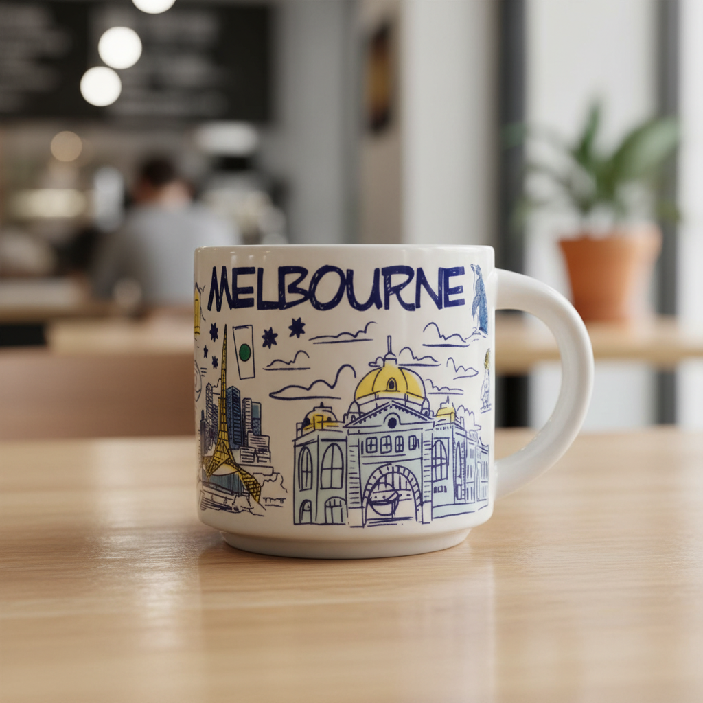 Ceramic Melbourne Mug With City Artwork And Iconic Sites