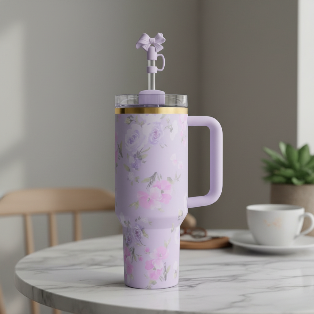 Vintage Floral Print 40oz Tumbler With Handle And Straw Lid