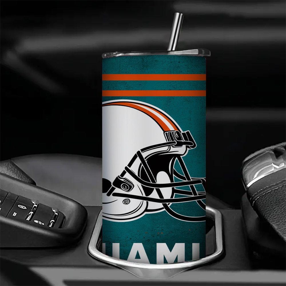 20oz Miami Football Design Stainless Steel TumblerMiami Dolphins Football Team Themed 20oz Travel Tumbler With Lid And Straw - Image 3