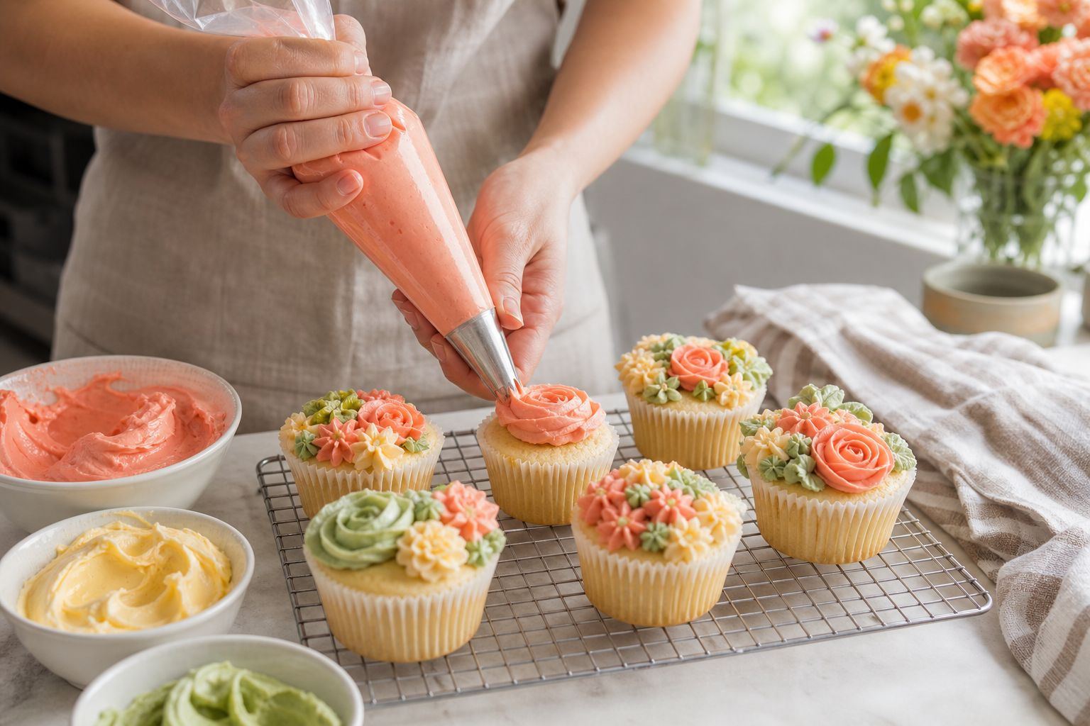 Hands piping coral buttercream flowers onto summer cupcakes in a bright kitchen