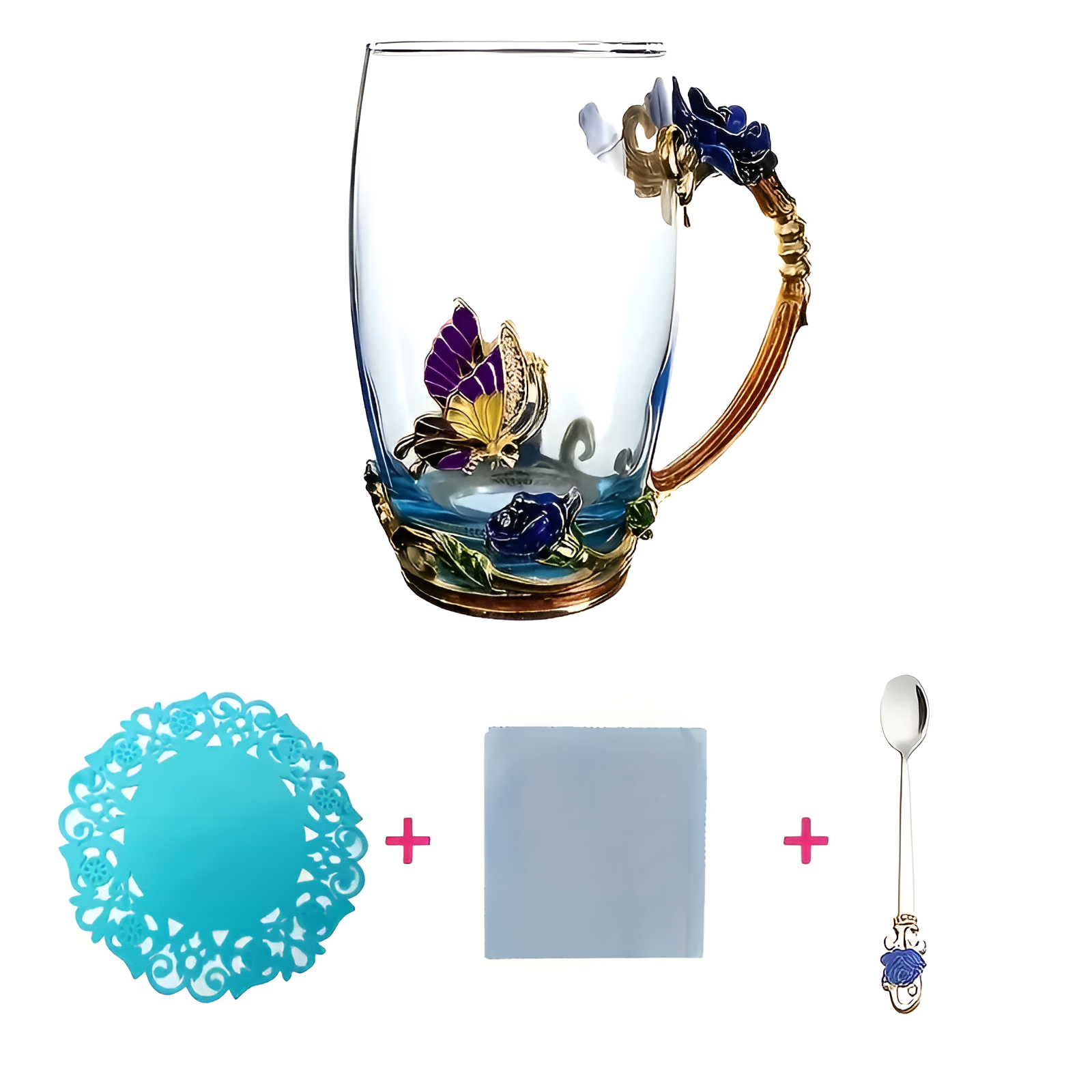 Crystal Glass Cup Set With Butterfly Accent And Rose Spoon For Drinks