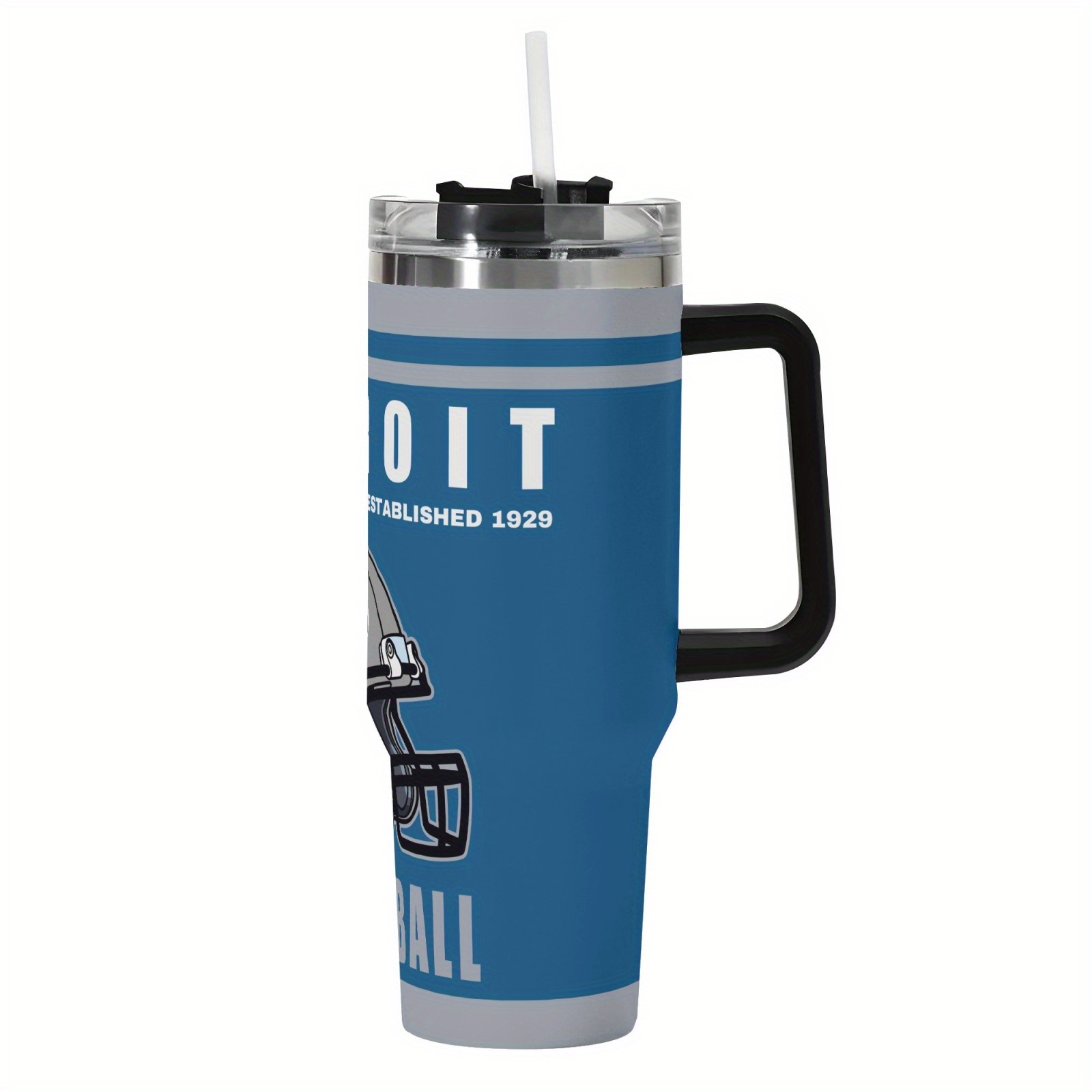 40oz Detroit Football Themed with Handle and StrawDetroit Lions Football Team Themed  40oz Stainless Steel Tumbler With Handle And Straw - Image 3