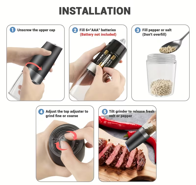 1 2 pcs gravity electric salt and pepper grinder set battery powered led   hand automatic operation adjustable coarseness mill grinders shakers black kitchen gadgets gift ideas best for christmas   thanksgiving father gift best for christmas   thanksgiving 5