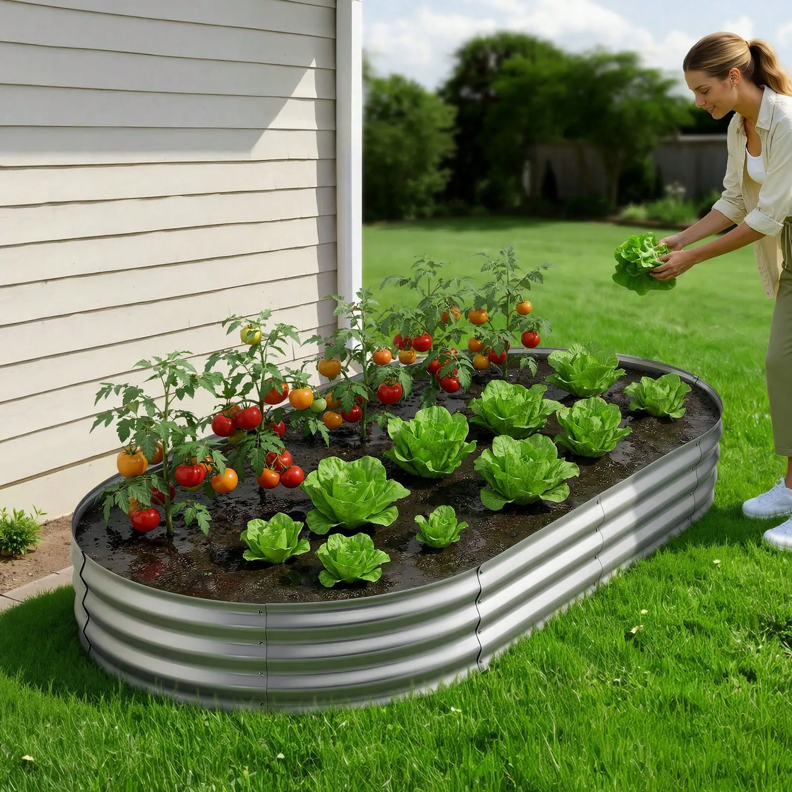 Oval Galvanized Steel Raised Garden Bed Open Bottom Planter Box