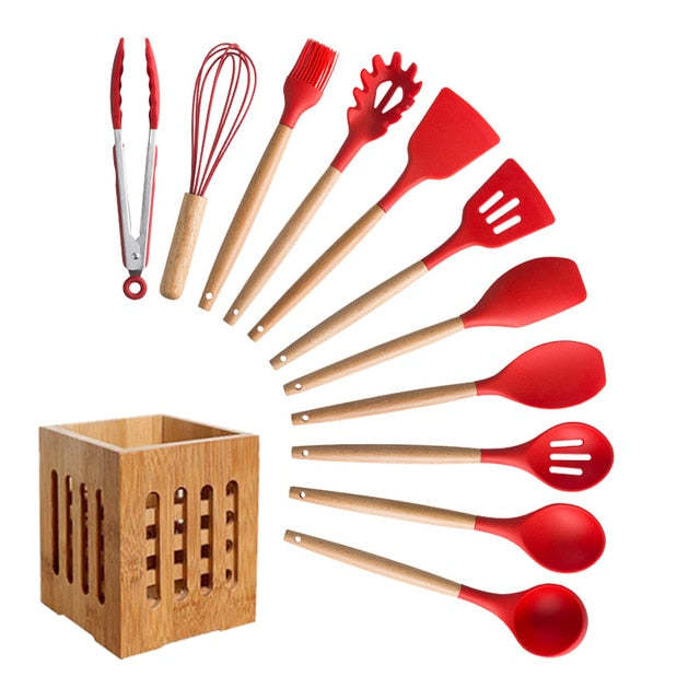 Silicone And Wood Kitchen Utensils 11 Peice Set With Storage Box