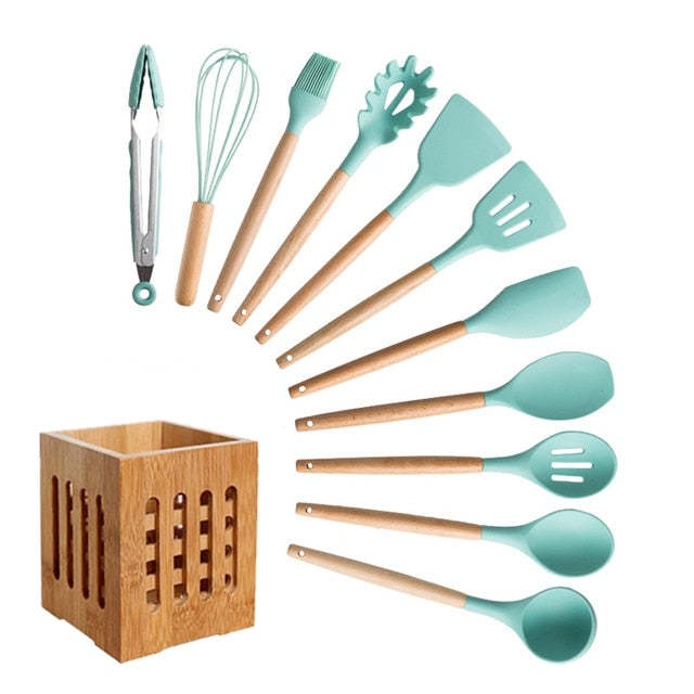 Silicone And Wood Kitchen Utensils 11 Peice Set With Storage Box