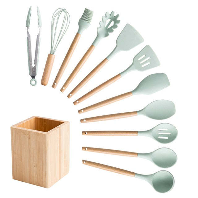 Silicone And Wood Kitchen Utensils 11 Peice Set With Storage Box