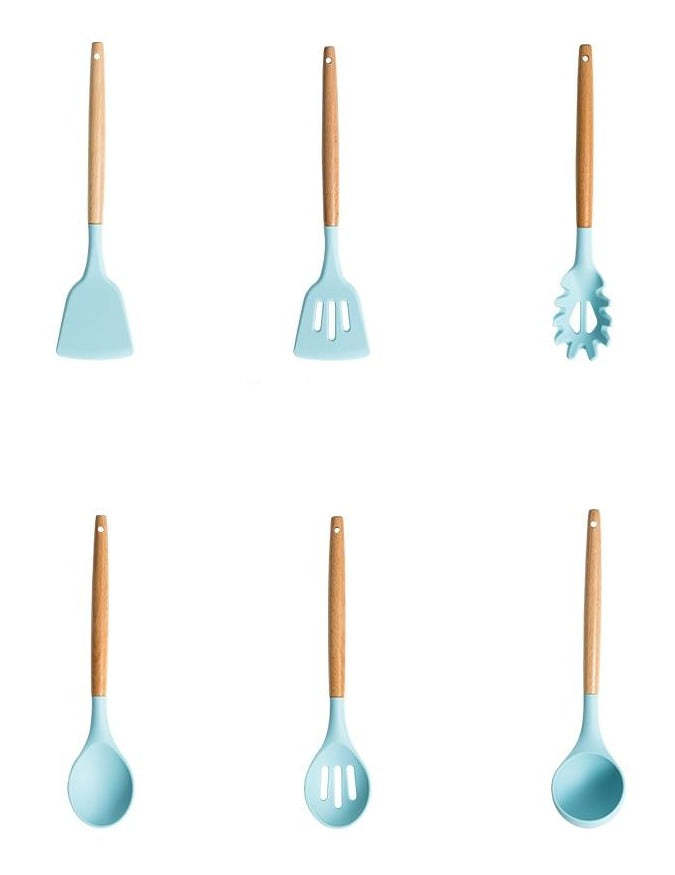 Silicone And Wood Kitchen Utensils 11 Peice Set With Storage Box