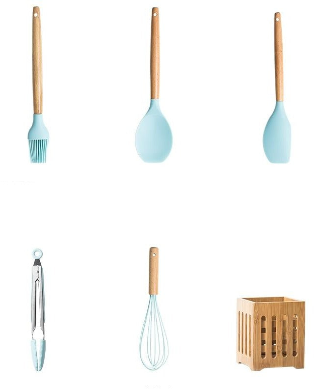 Silicone And Wood Kitchen Utensils 11 Peice Set With Storage Box