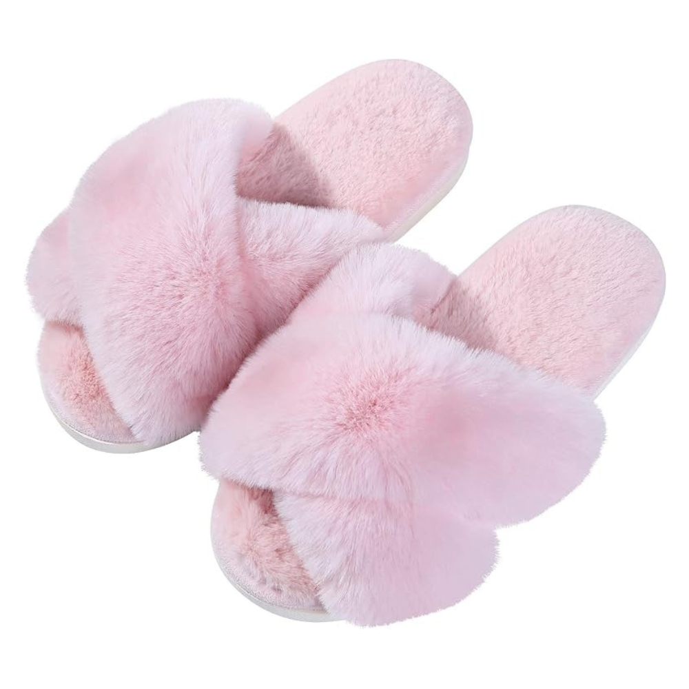 Fuzzy Cross Band Memory Foam Slippers For Indoor Use