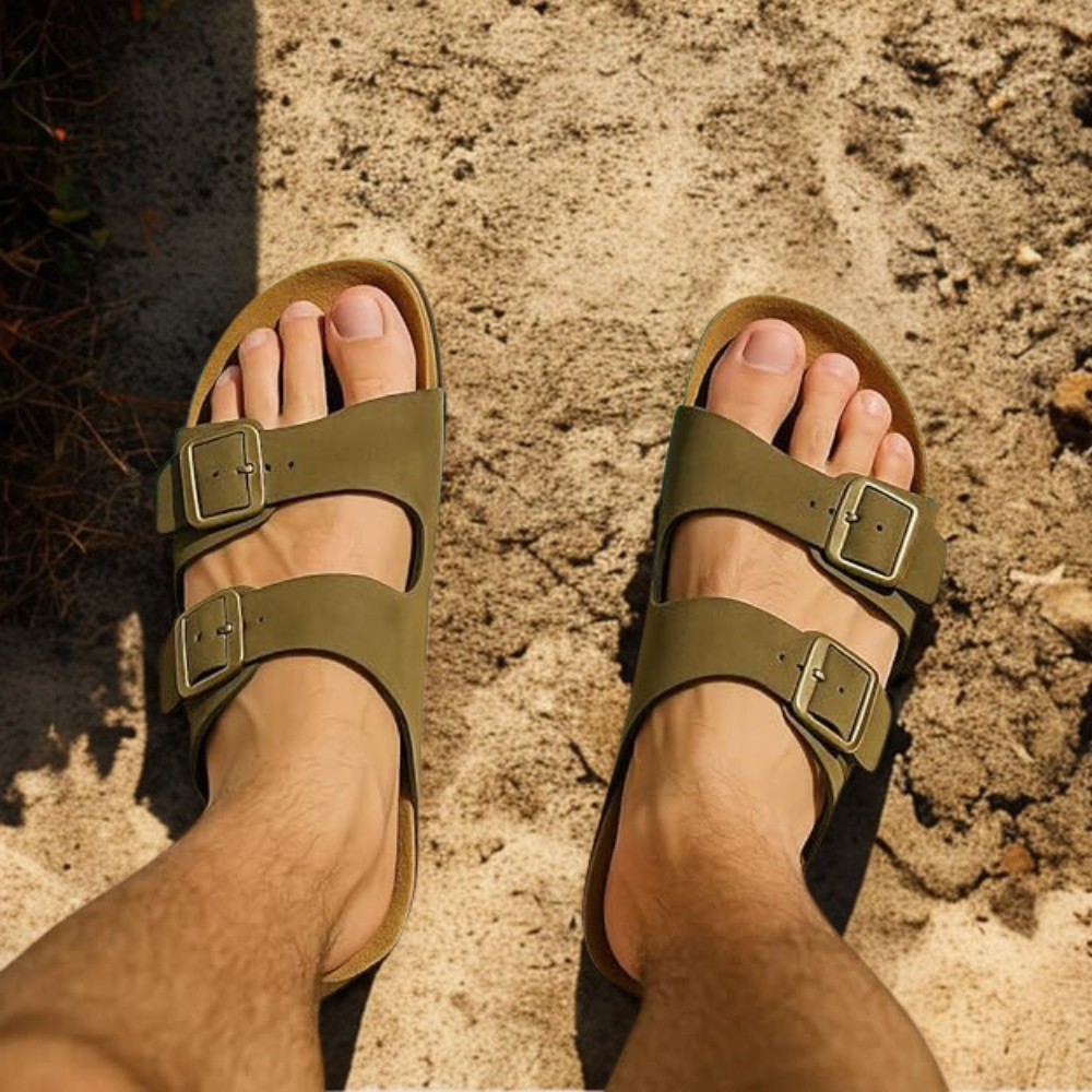 Mens Cork Footbed Sandals with Adjustable Buckle and Leather Insole