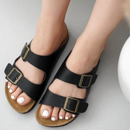Adjustable Buckle Leather Flat Sandals With Cushioned Sole-Comfy Garden Clogs