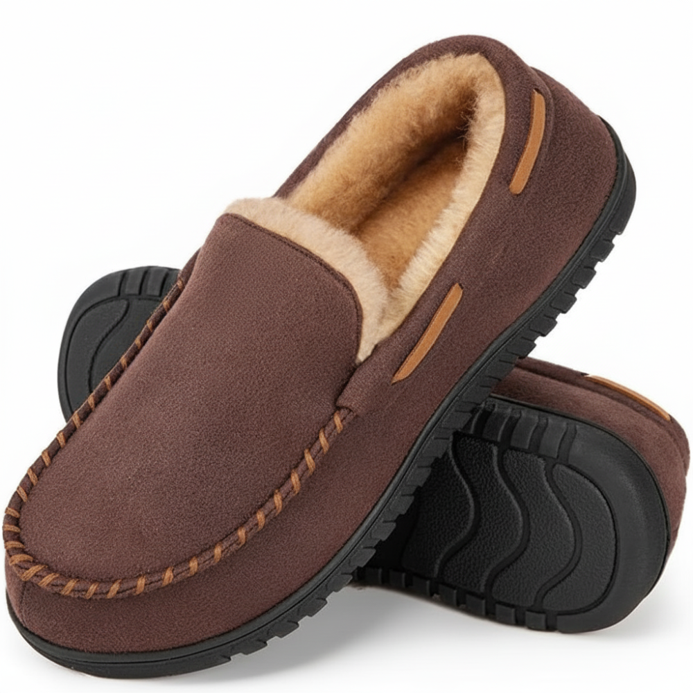 Mens Faux Suede Moccasin Slippers with Warm Lining and Memory Foam