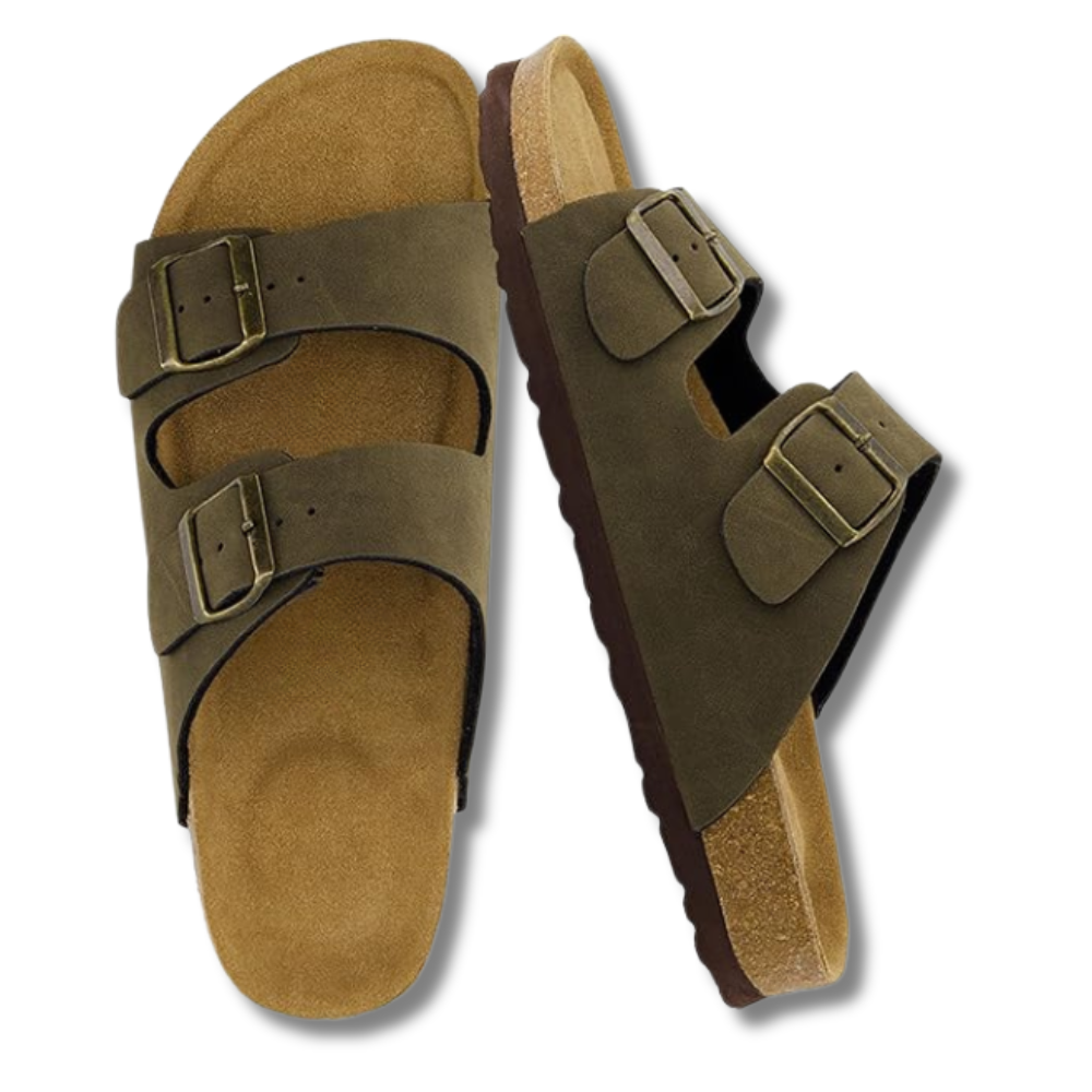 Mens Cork Footbed Sandals with Adjustable Buckle and Leather Insole