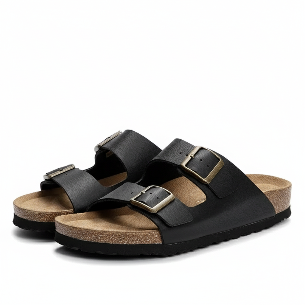 Adjustable Buckle Leather Flat Sandals With Cushioned Sole