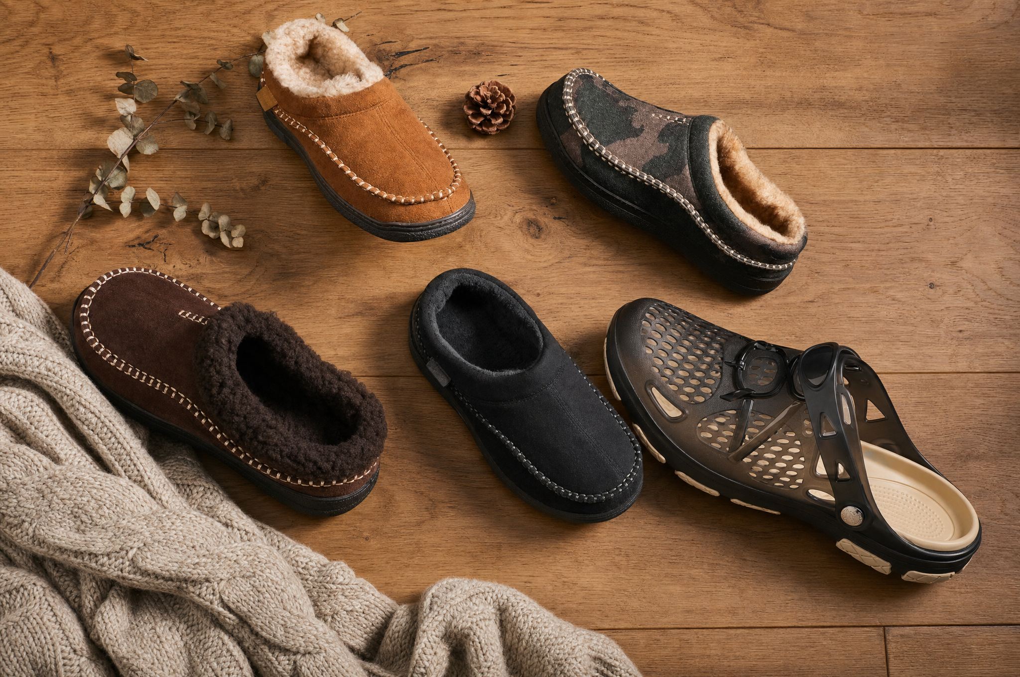 Moccasin slippers in tan, camo, dark brown and black arranged with a brown perforated garden clog on a warm wood floor