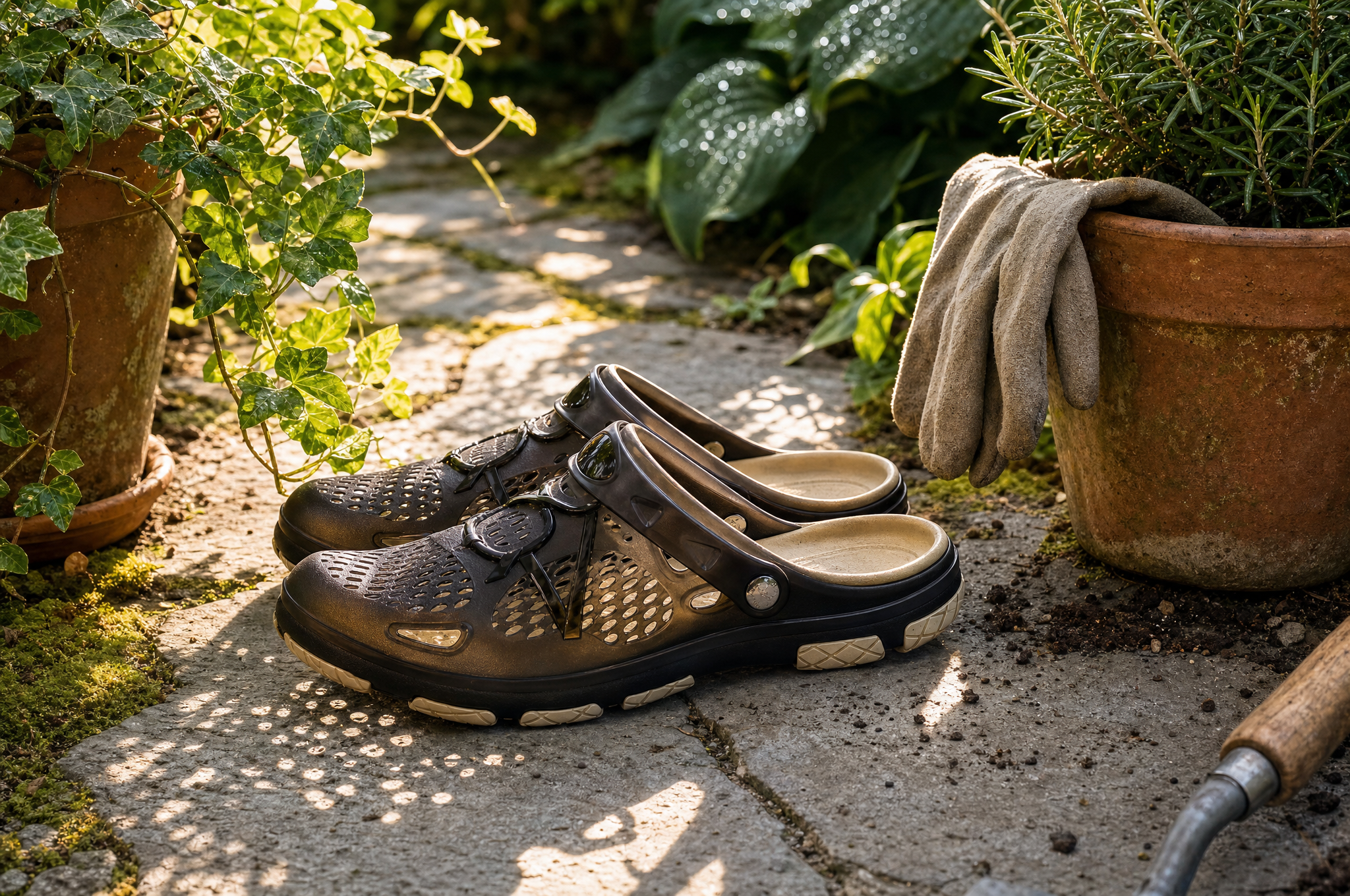 Brown perforated garden clogs on a stone garden path beside potted plants and gardening gloves in morning sun