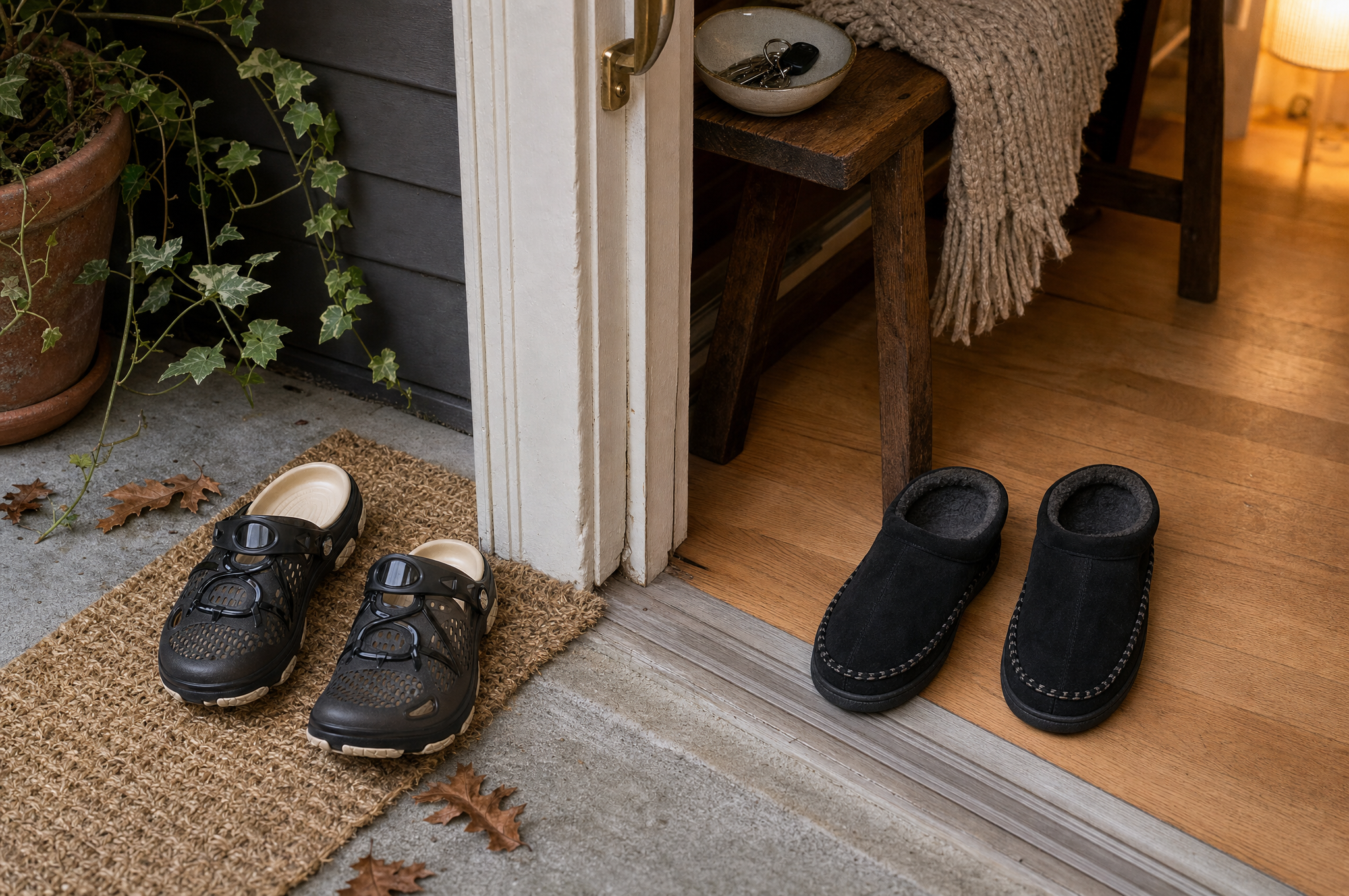Brown garden clogs on the doormat outside a front door and black moccasin slippers just inside on the wood floor