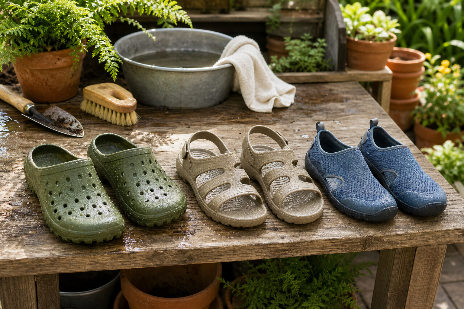 Green ventilated garden clogs, beige garden sandals and blue mesh water shoes drying beside a brush and basin on a potting bench