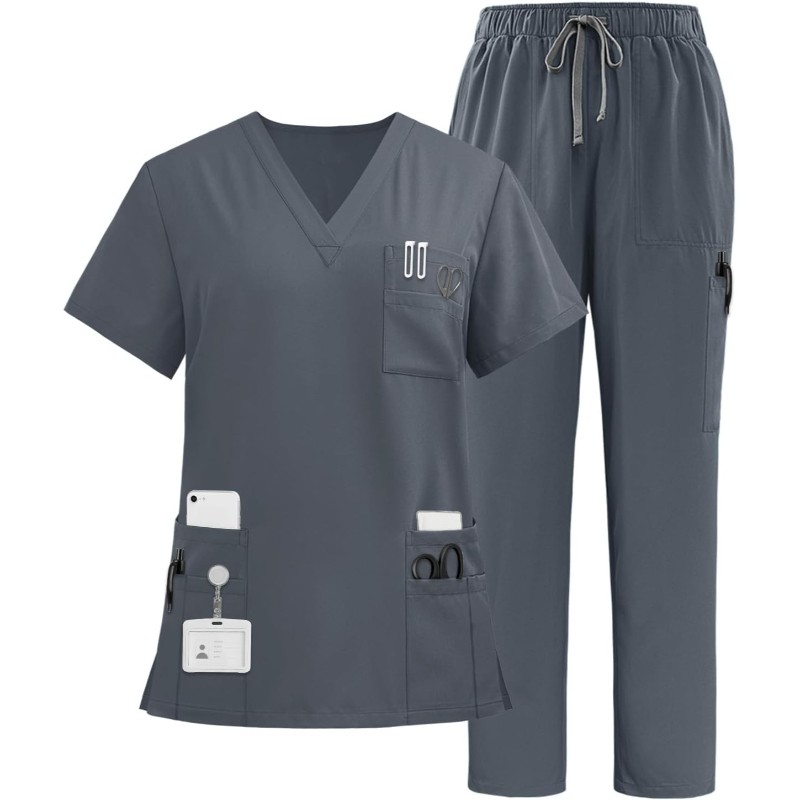 Multiple Pockets Top and Drawstring Scrub Pant Set