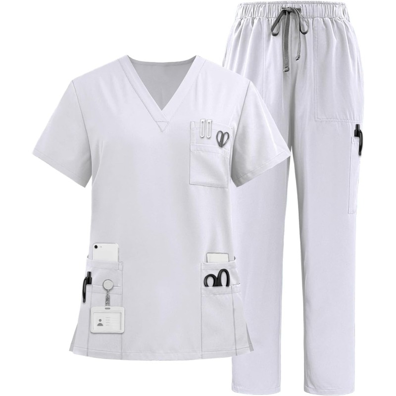 Multiple Pockets Top and Drawstring Scrub Pant Set