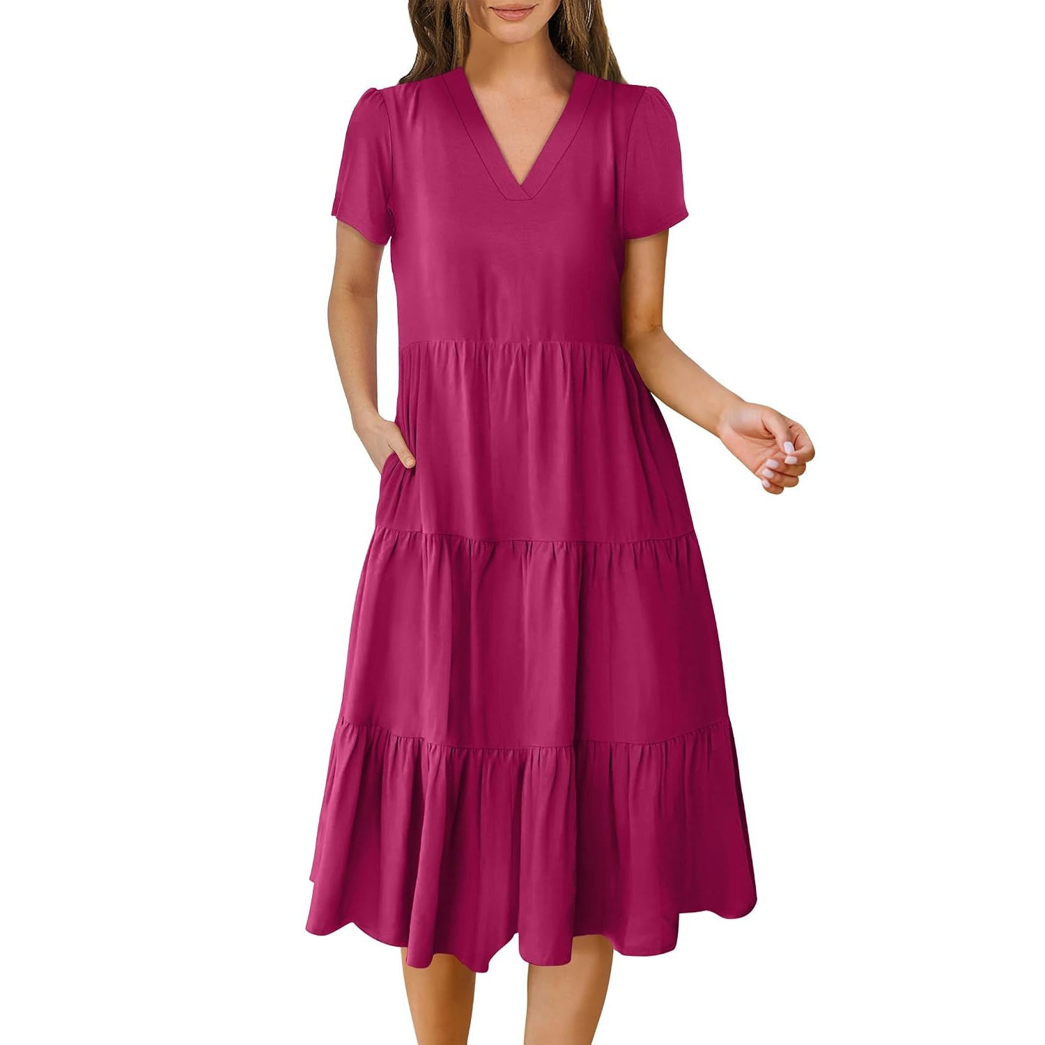 Casual Short Sleeve Tiered Boho Beach Midi Dress For Women