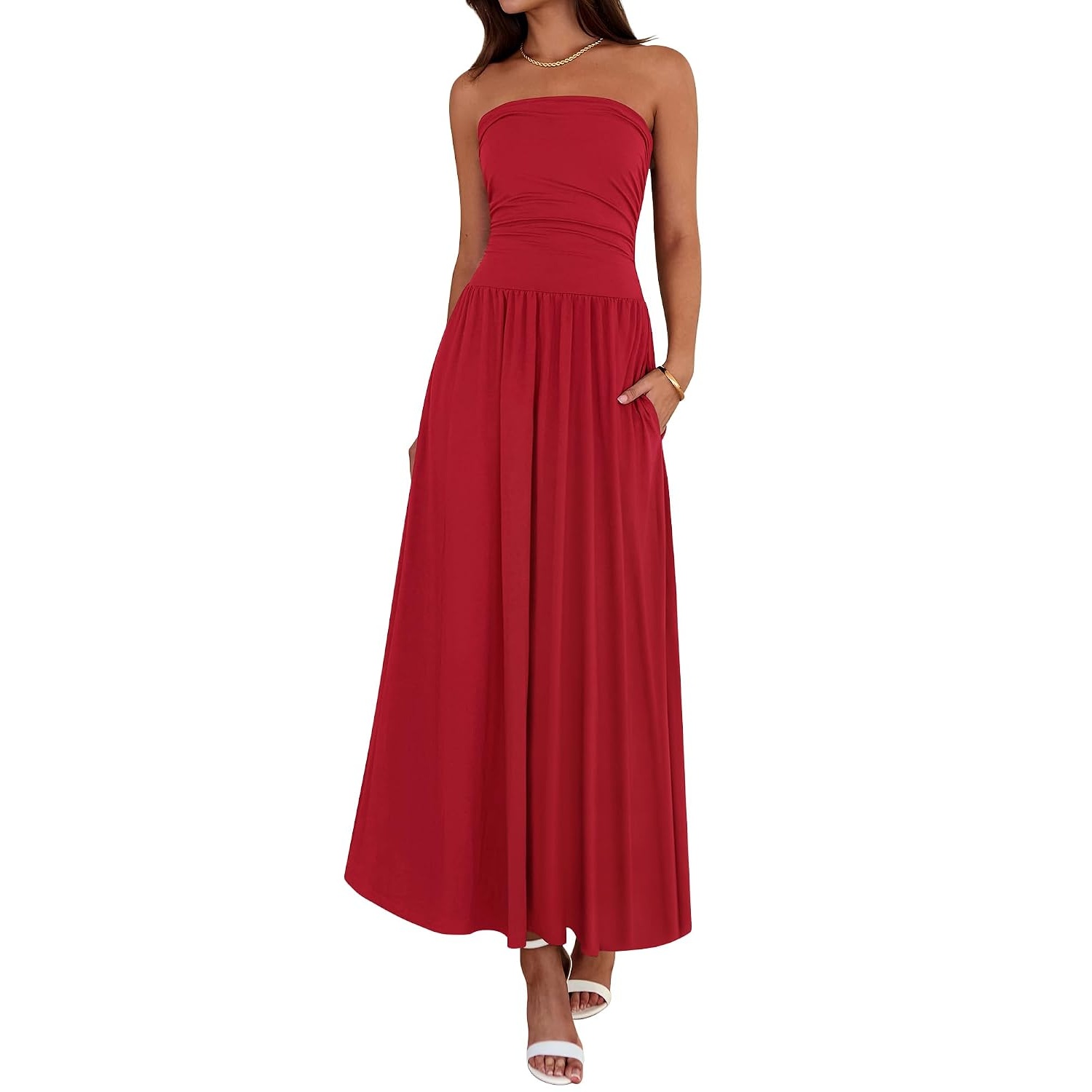 Casual Strapless Ruched Maxi Dress With Pockets For Women
