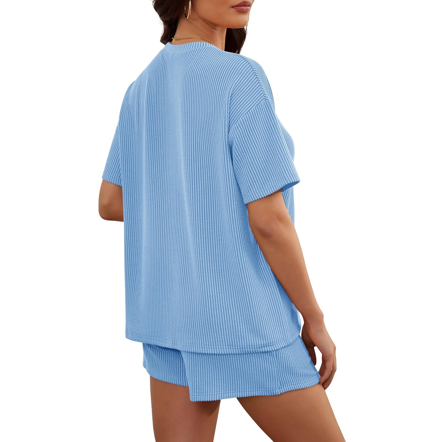 2 Piece Ribbed Knit Shorts Set with Short Sleeve Top For Women