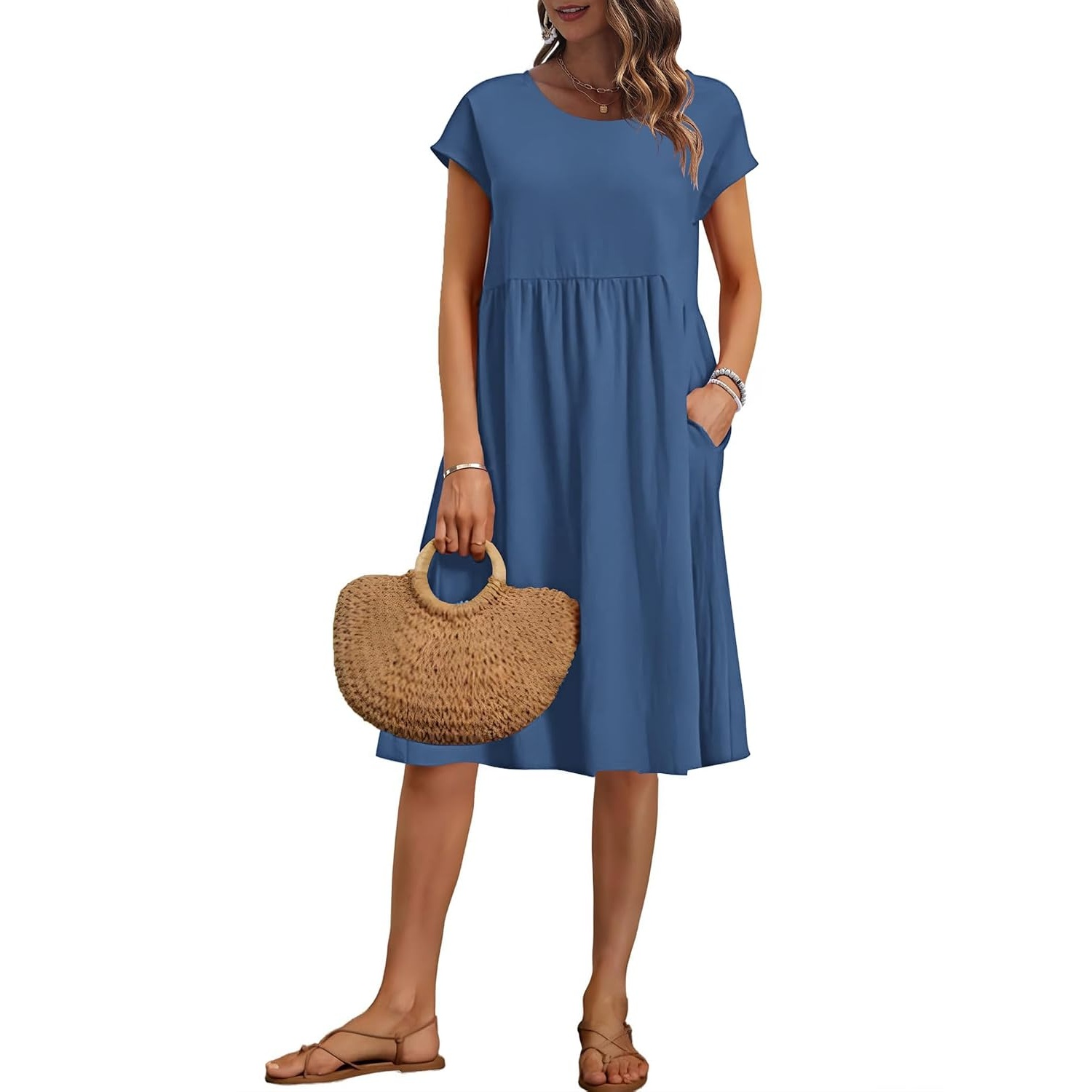 Cap Sleeve A Line Dress with Pockets for Women