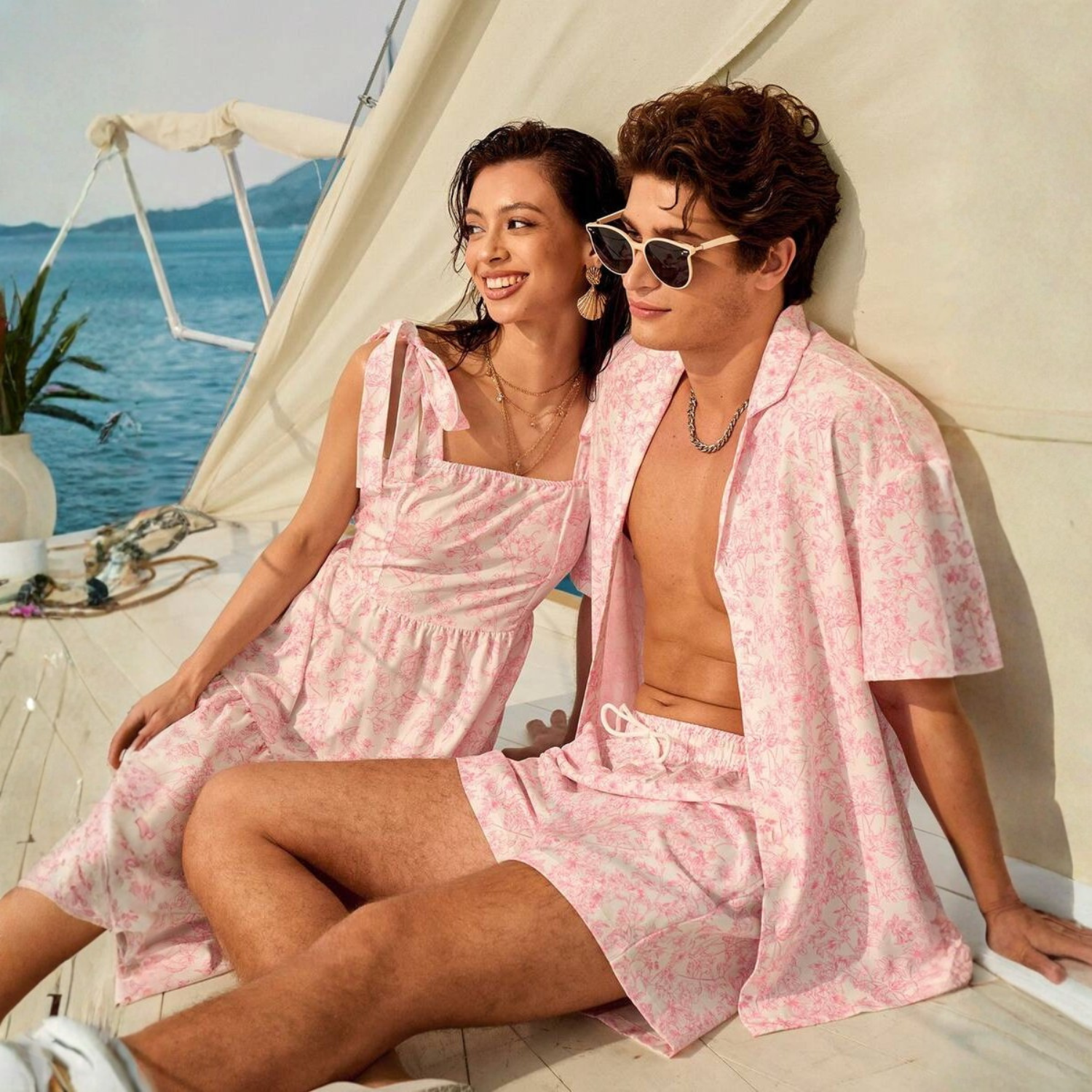 Floral Couple Beach Men Shirt Shorts And Women Swimwear Outfit Set